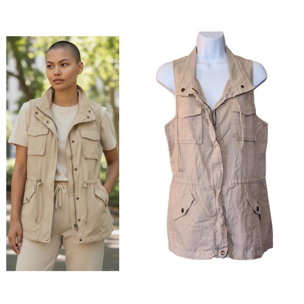 C&C California Womens Linen Vest Size M Beige Zip Front Sleeveless Top
